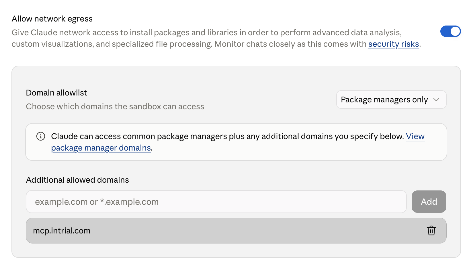 Claude's Allow network egress setting with mcp.intrial.com listed under Additional allowed domains
